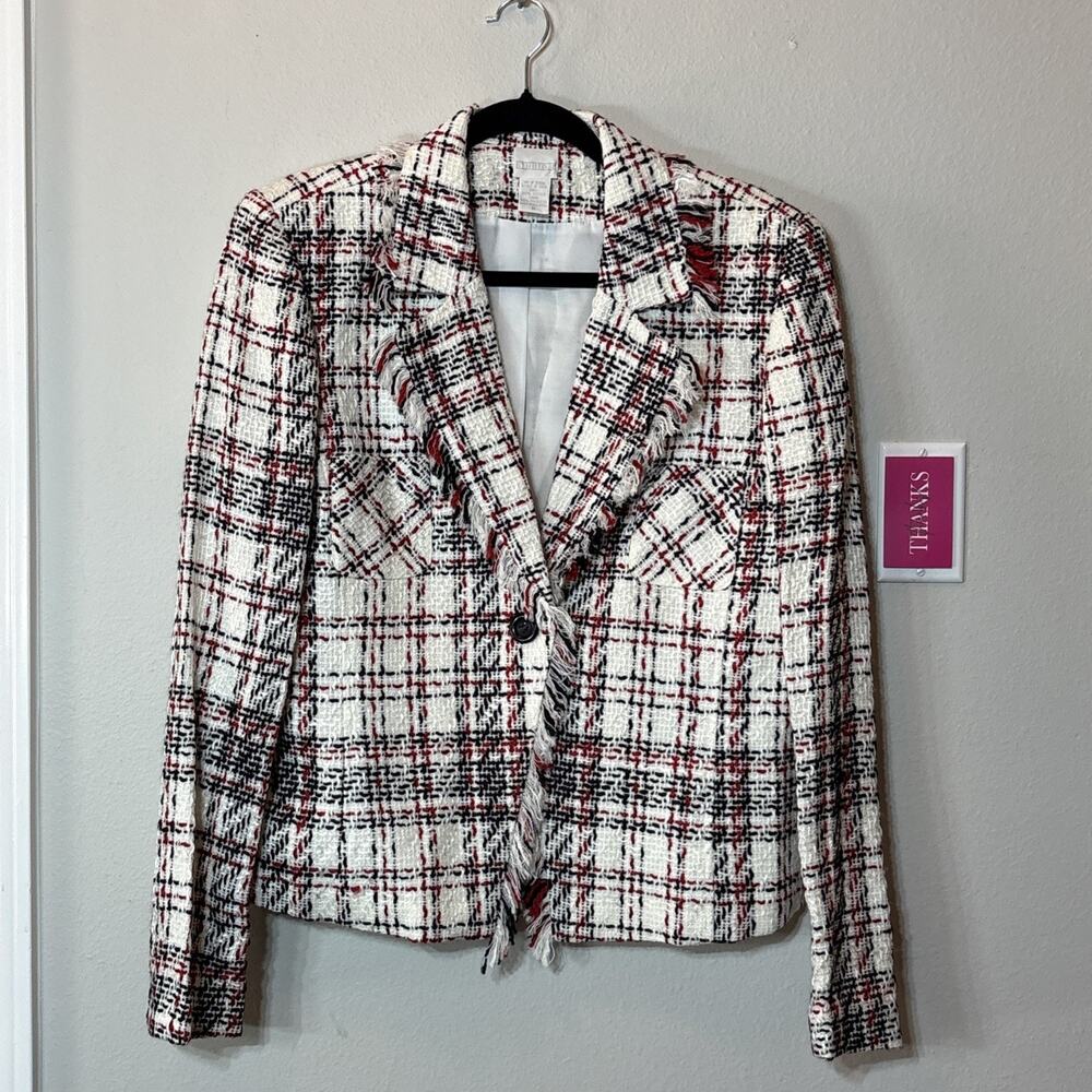 Studio C Tweed Plaid Short Blazer Jacket Ivory Black Red Frayed Trim 16 Vintage